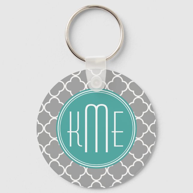 Grått Quatrefoil med Anpassningsbar Mint Monogram Nyckelring (Framsida)