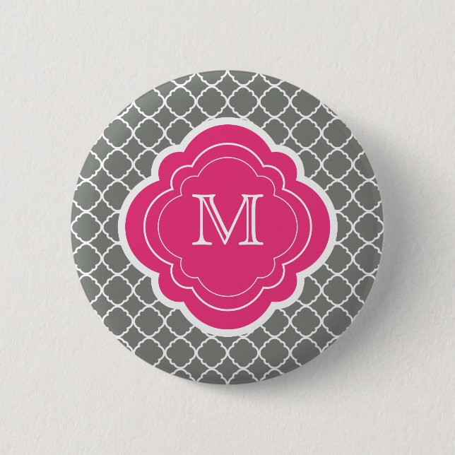 Grått Quatrefoil med Rosa Monogram Knapp (Framsida)