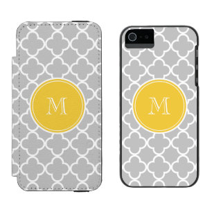 Grått Quatrefoil mönster, gul Monogram