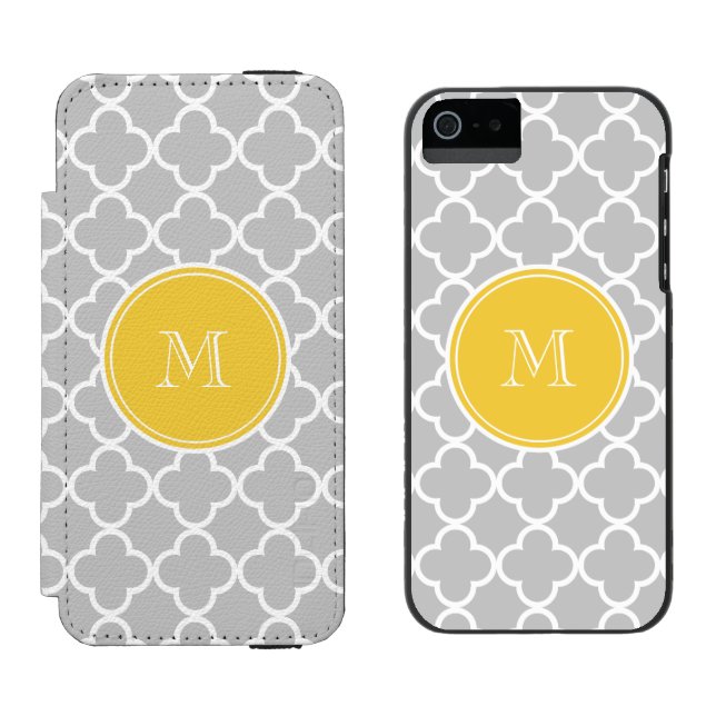 Grått Quatrefoil mönster, gul Monogram Incipio iPhone Wallet Skal (Sida vid Sida)