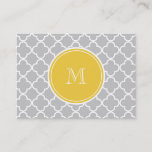 Grått Quatrefoil mönster, gul Monogram Visitkort