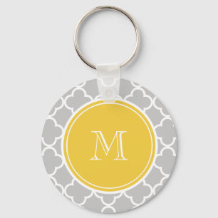 Grått Quatrefoil Mönster, Gult Monogram Nyckelring