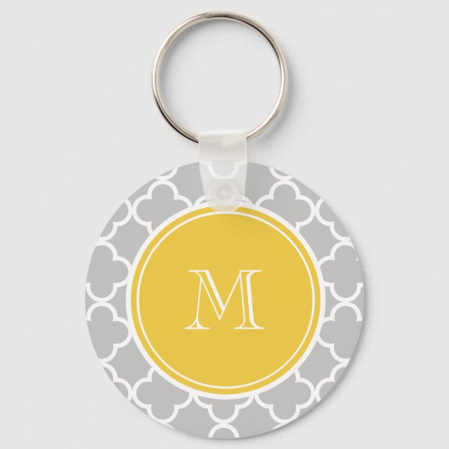 Grått Quatrefoil Mönster, Gult Monogram Nyckelring (Framsida)