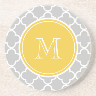 Grått Quatrefoil Mönster, Gult Monogram Underlägg