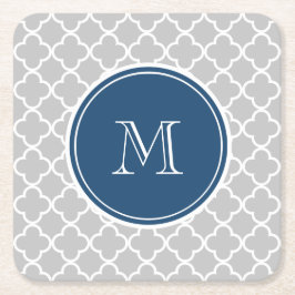 Grått Quatrefoil Mönster, marinblått monogram Underlägg Papper Kvadrat