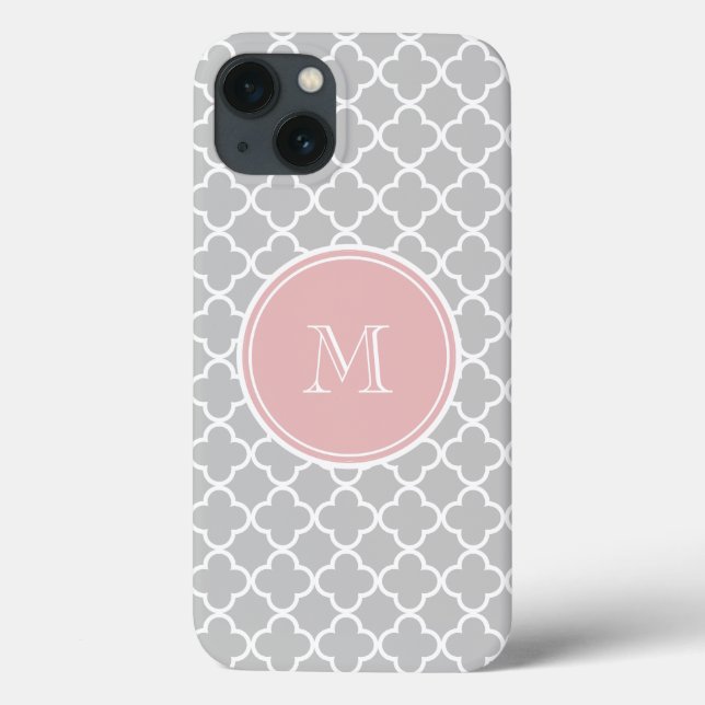 Grått Quatrefoil mönster, rosa Monogram (Baksida)