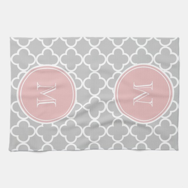 Grått Quatrefoil mönster, rosa Monogram Kökshandduk (Horisontell)