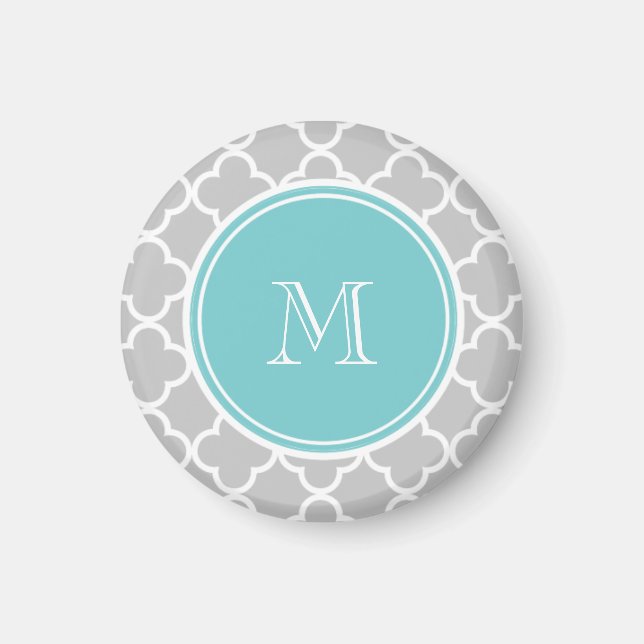 Grått Quatrefoil Mönster, Teal Monogram Magnet (Framsidan)