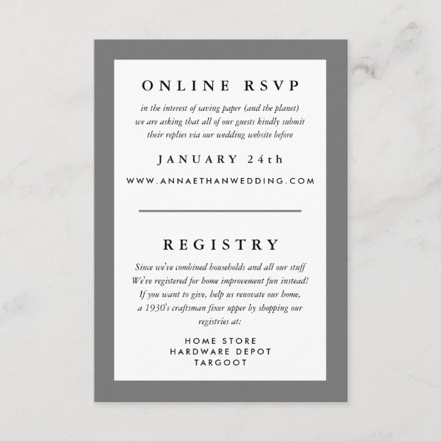 Grått rambröllops-svar RSVP och presentregister Tilläggskort (Framsida)