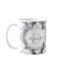 Grått Rand Damask Monogrammed Mugg