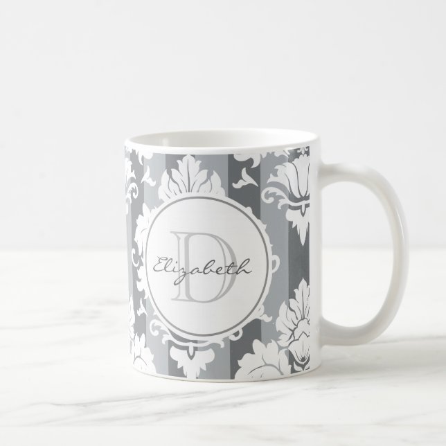Grått Rand Damask Monogrammed Mugg (Höger)