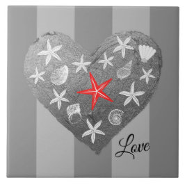 Grått Rand Kusttema Seashell Starfish Heart Kakelplatta