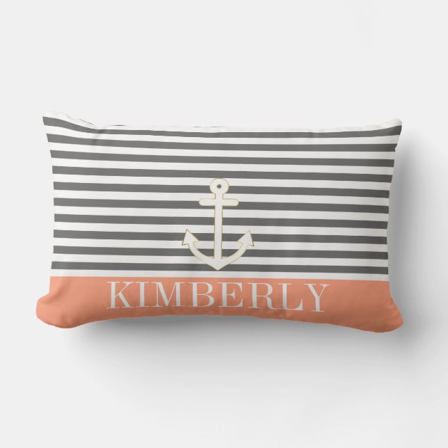 Grått Rand Nautical Anchor Coral Monogram Lumbarkudde (Framsida)