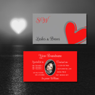 Grått Red Cute Heart Chic med Monogram och Photo Visitkort