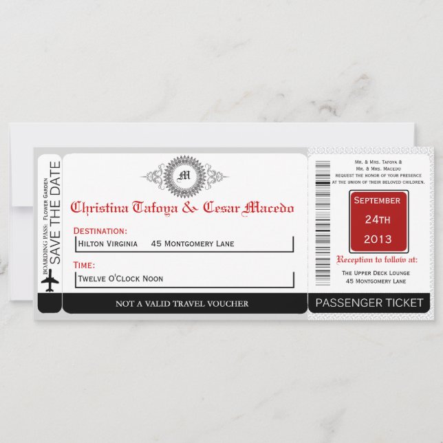 Grått Red Formal P Boarding Pass Wedding bjudande Inbjudningar (Framsida)