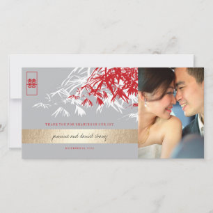 Grått & Red Zen Bamboo Löv Chinese Bröllop Photo Tack Kort