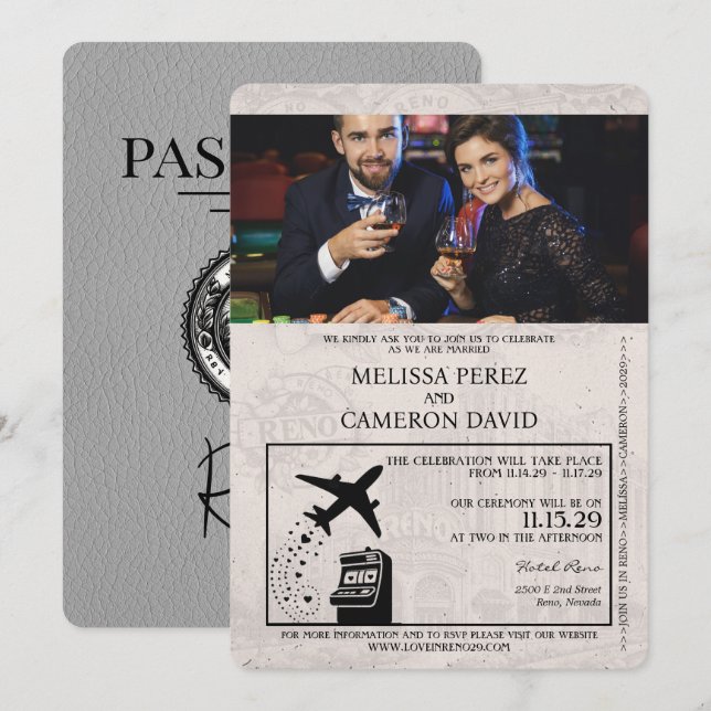 Grått Reno Passport Wedding bjudande Inbjudningar (Fram/baksida)