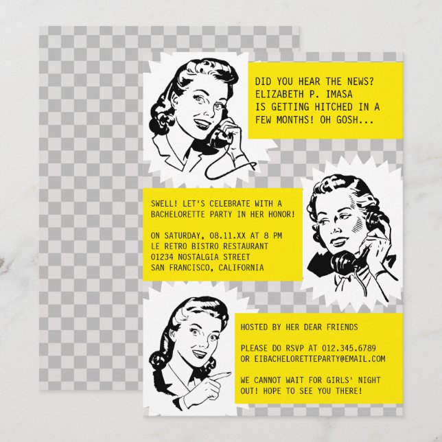 Grått Retro Gossip Gals Bachelorette Party-Inbjudn Inbjudningar (Fram/baksida)
