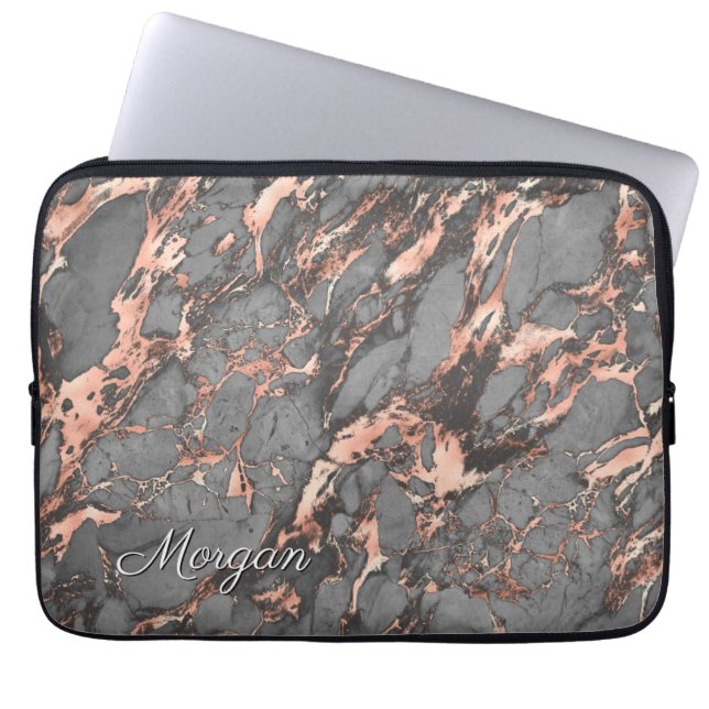 Grått Ro Guld Marble, Namn eller Monogram Laptop Fodral (Framsidan)