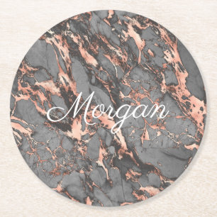 Grått & Ro Guld Marble, White Script Namn Underlägg Papper Rund