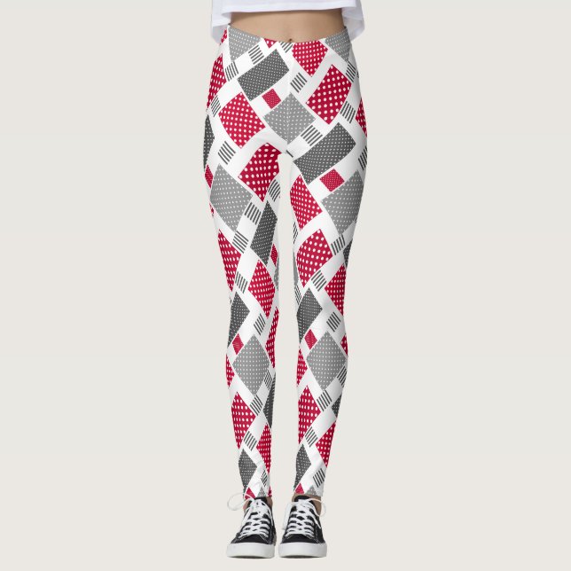 Grått-röd polka-pricklappverk på vit bakgrund leggings (Framsida)