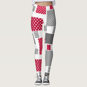 Grått-röd polka-pricklappverk på vit bakgrund leggings