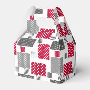 Grått-röd polka-pricklappverk på vit bakgrund presentaskar