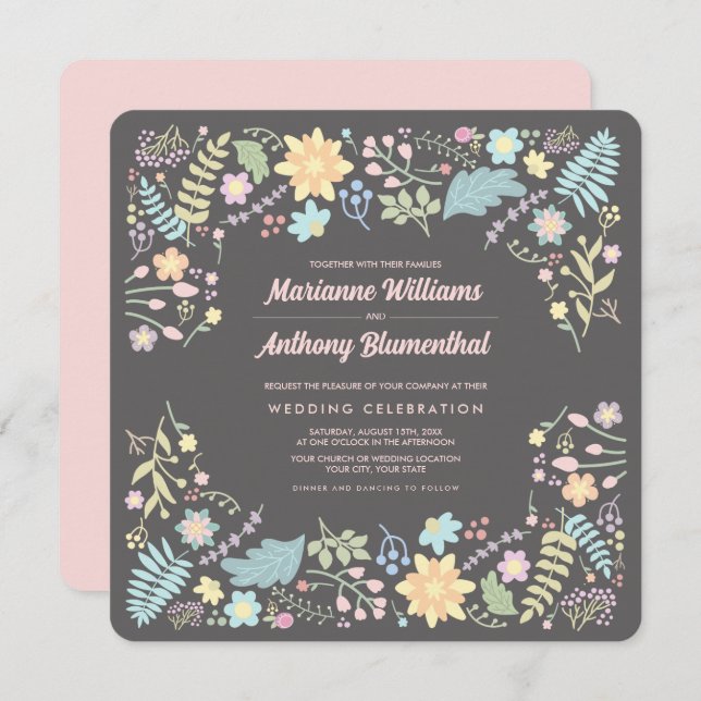 Grått  Rosa Aqua Modern Blommigt Bröllop Inbjudningar (Fram/baksida)