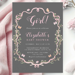 Grått & Rosa Blommar Blommigt Girl Baby Shower Inbjudningar