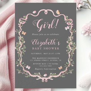 Grått & Rosa Blommar Blommigt Girl Baby Shower Inbjudningar