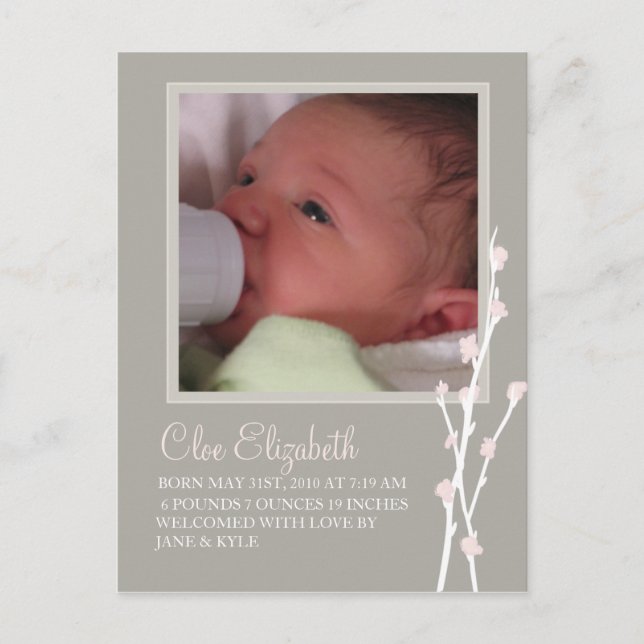 Grått & Rosa Blommar Meddelande 2 Vykort (Framsida)