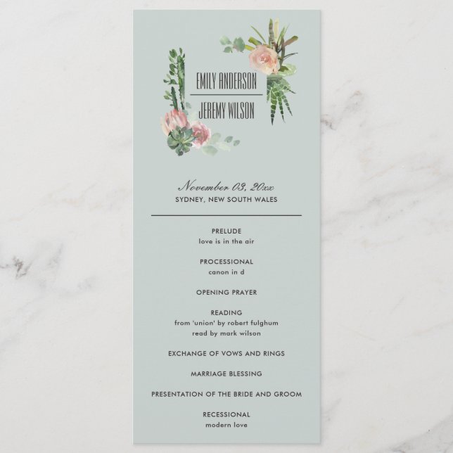 GRÅTT ROSA BLOMMIGT CACTI BRÖLLOP CEREMONY PROGRAM (Framsida)