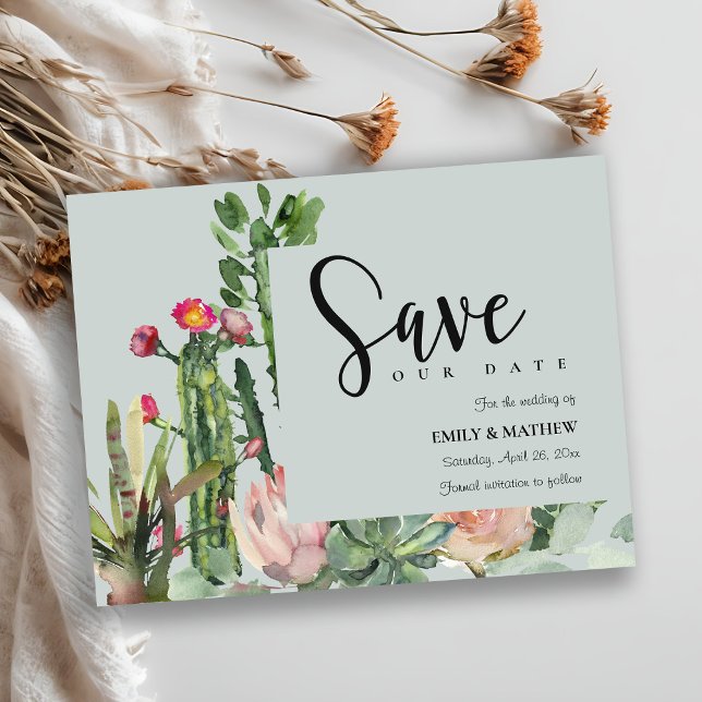 GRÅTT ROSA BLOMMIGT DESERT CACTI FAUNA SPARA DATUM MEDDELANDE VYKORT (Skapare uppladdad)