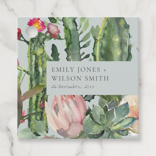 GRÅTT ROSA BLOMMIGT DESERT CACTI FOLIAGE BRÖLLOP GÅVOR ETIKETTER (Framsida)