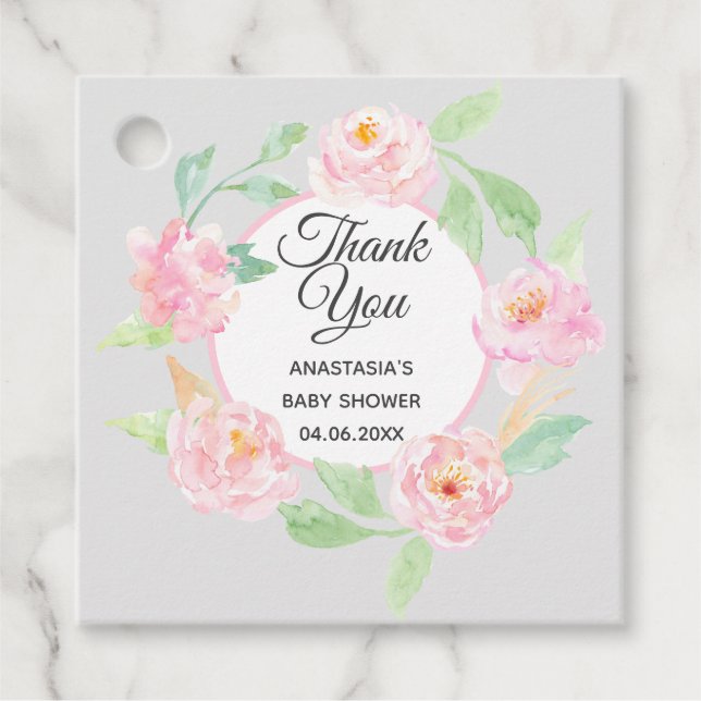 Grått & Rosa Blommigt Utandning Tack Babykläder Gåvor Etiketter (Framsida)