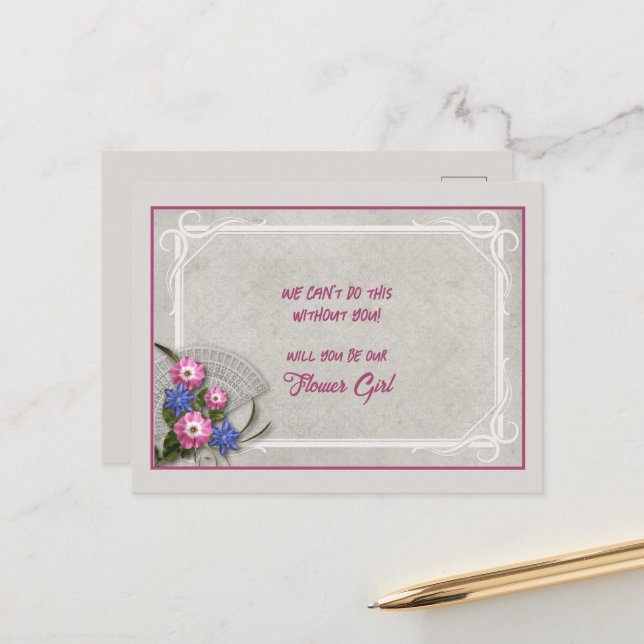 Grått Rosa Blue Blommigt Bouquet Flower Girl Meddelande Vykort (Fram/Back In Situ)