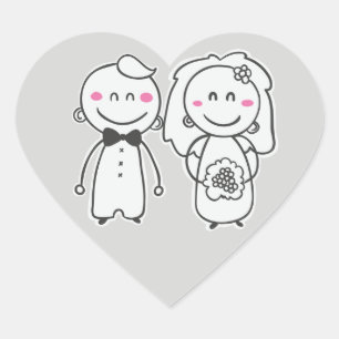 Grått & Rosa Bröllop Tecknad Bride & Groom Hjärtformat Klistermärke