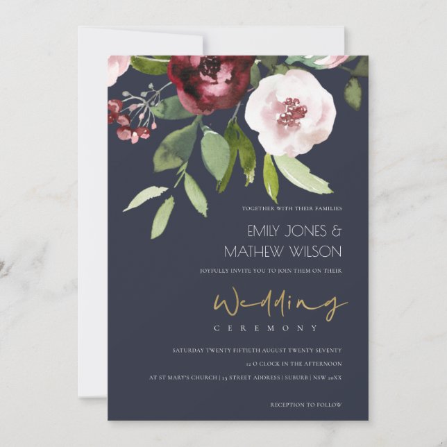 GRÅTT  ROSA BURGUNDY PEONY BLOMMIGT BRÖLLOP INBJUDNINGAR (Framsida)