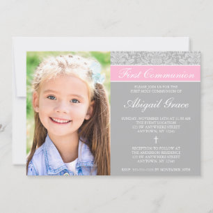 Grått Rosa Damask Girl Photo First Communion Inbjudningar