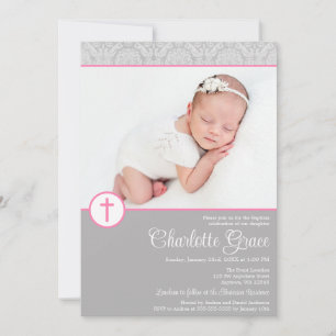 Grått Rosa Damask Kor Girl Photo Baptism Inbjudningar