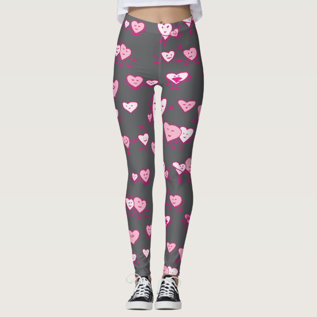 Grått Rosa Dancing Hearts LOving Par Valentine Leggings (Framsida)