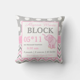 Grått Rosa Elephant Baby Announcement Pillow Kudde