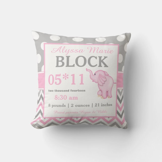 Grått Rosa Elephant Baby Announcement Pillow Kudde (Framsida)