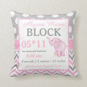 Grått Rosa Elephant Baby Announcement Pillow Kudde