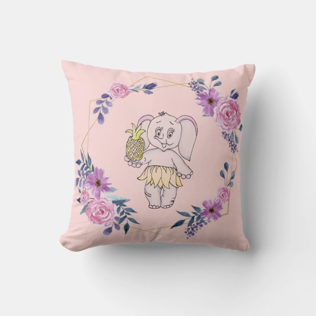 Grått Rosa Elephant Girl Modern Baby för barn Kudde (Framsida)