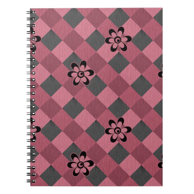 Grått rosa geometrisk kontroll mönster med blommor anteckningsbok (Framsidan)
