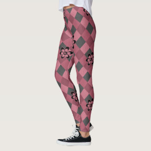 Grått rosa geometrisk kontroll mönster med blommor leggings