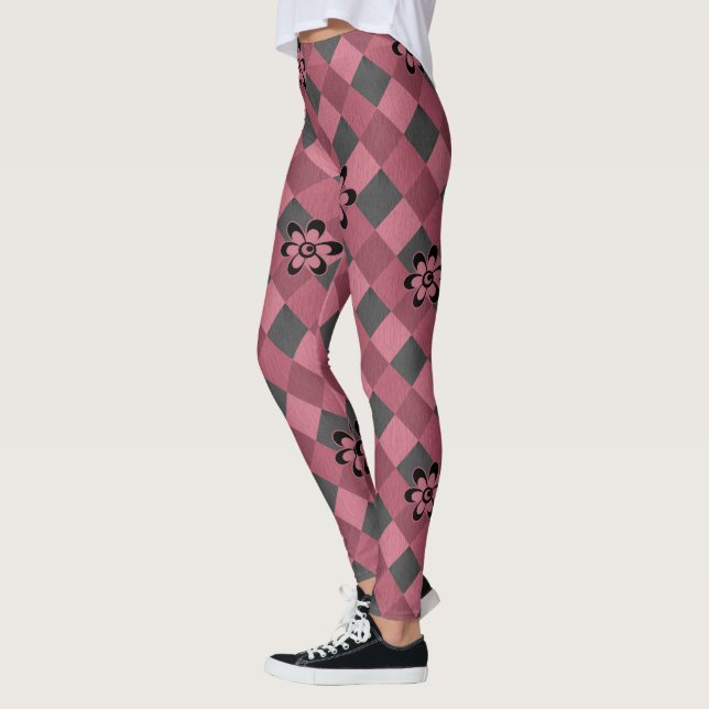 Grått rosa geometrisk kontroll mönster med blommor leggings (Vänster)