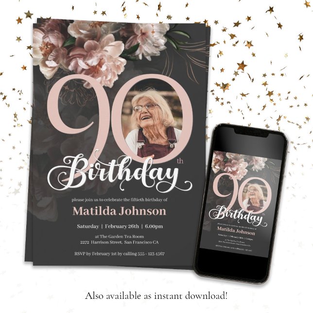 Grått Rosa Lush Blommigt Photo 90:e Födelsedagsfes Inbjudningar (90th Birthday Dark Gray Pink Lush Floral Photo Invitation)