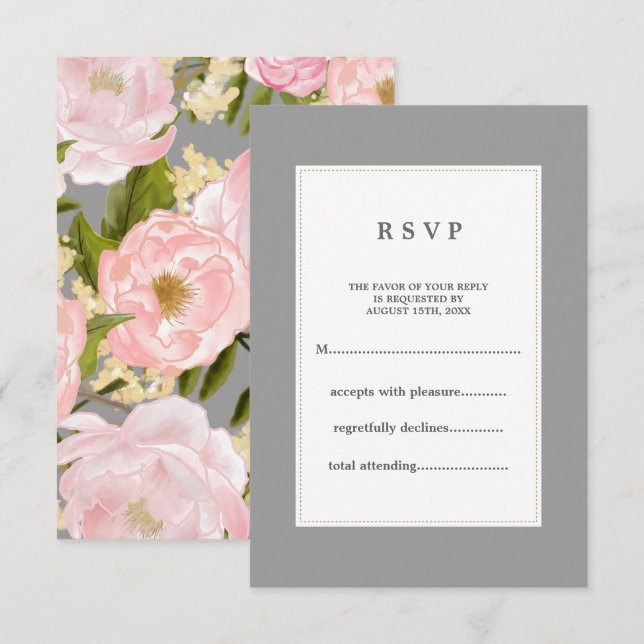 Grått |  Rosa Peonies Bröllop OSA Kort (Fram/baksida)